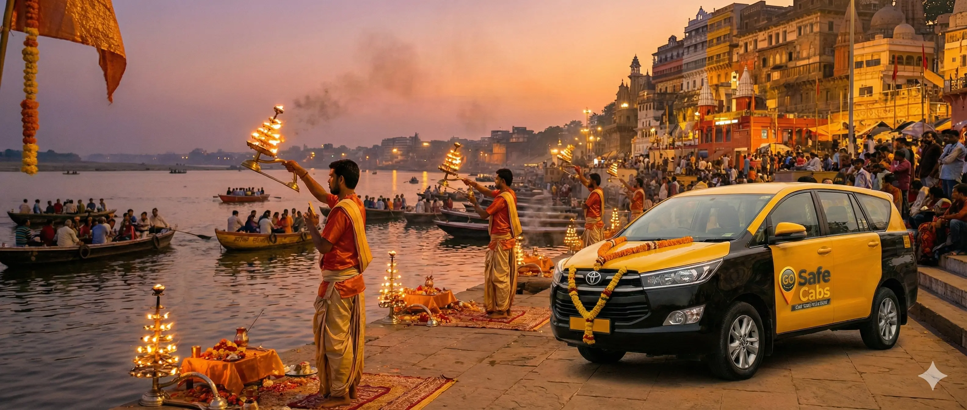 Ganga Aarti in Varanasi alongside a GO SAFE CAB vehicle